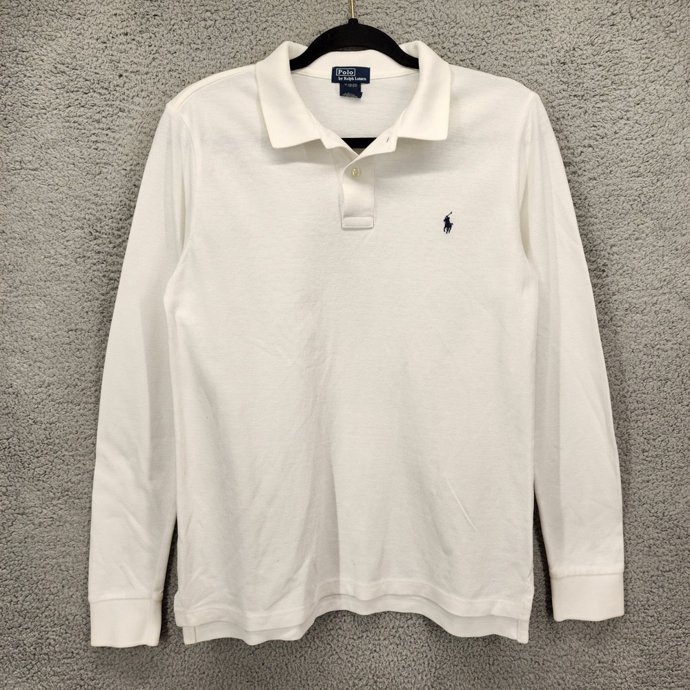 Polo Ralph Lauren Boys White Long Sleeve Polo Shirt XL 18-20 Navy Pony Logo